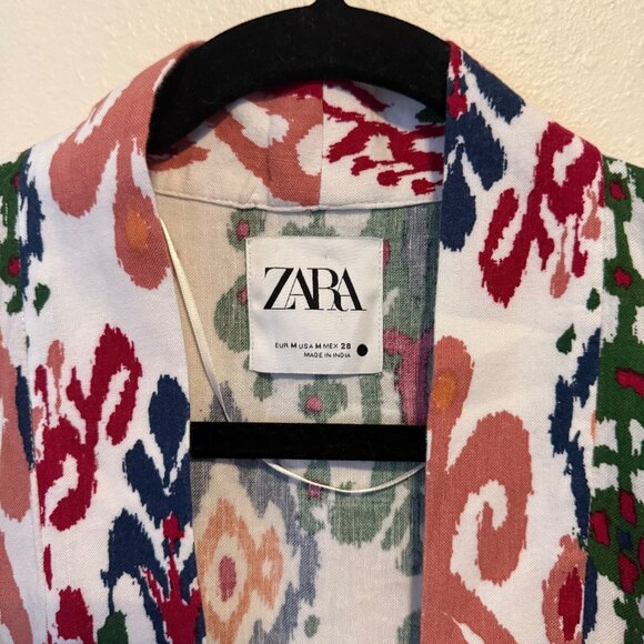 Zara Hanoi Kimono Top Size M Ikat Print Colorful Pockets Linen Blend NO BELT - Picture 3 of 6